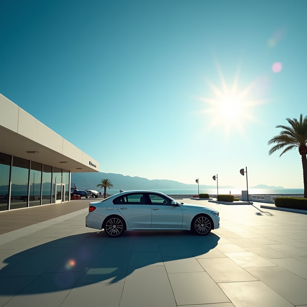 kos airport car rentals — Hire car parked outside Kos Hippocrates Airport terminal with Aegean Sea in distance | KosCarHire