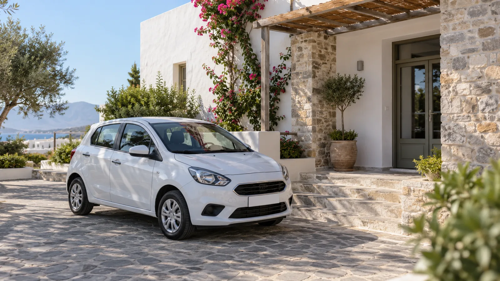 Kos hotel-delivery car hire illustration: white compact car beside a Mediterranean-style hotel entrance