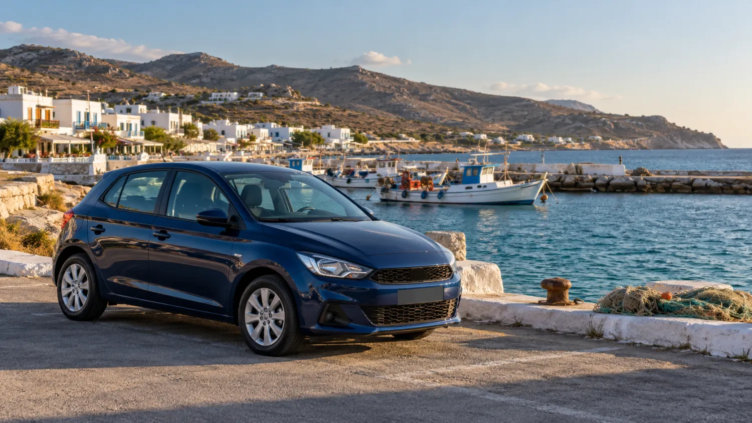 Illustration: blauer Kleinwagen an einem griechischen Hafen mit Fischerbooten bei Kardamena