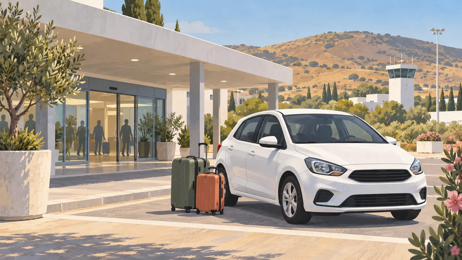 Kos Airport car hire illustration: compact white car and luggage outside a stylised terminal