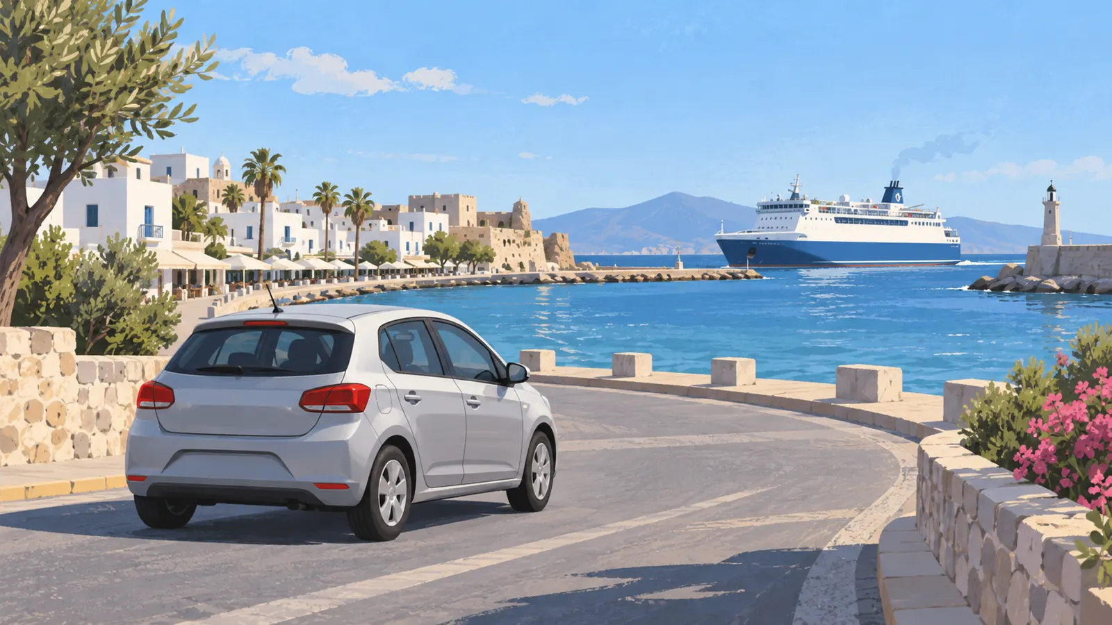 Kos Ferry Port car hire illustration: compact car beside a Mediterranean harbour