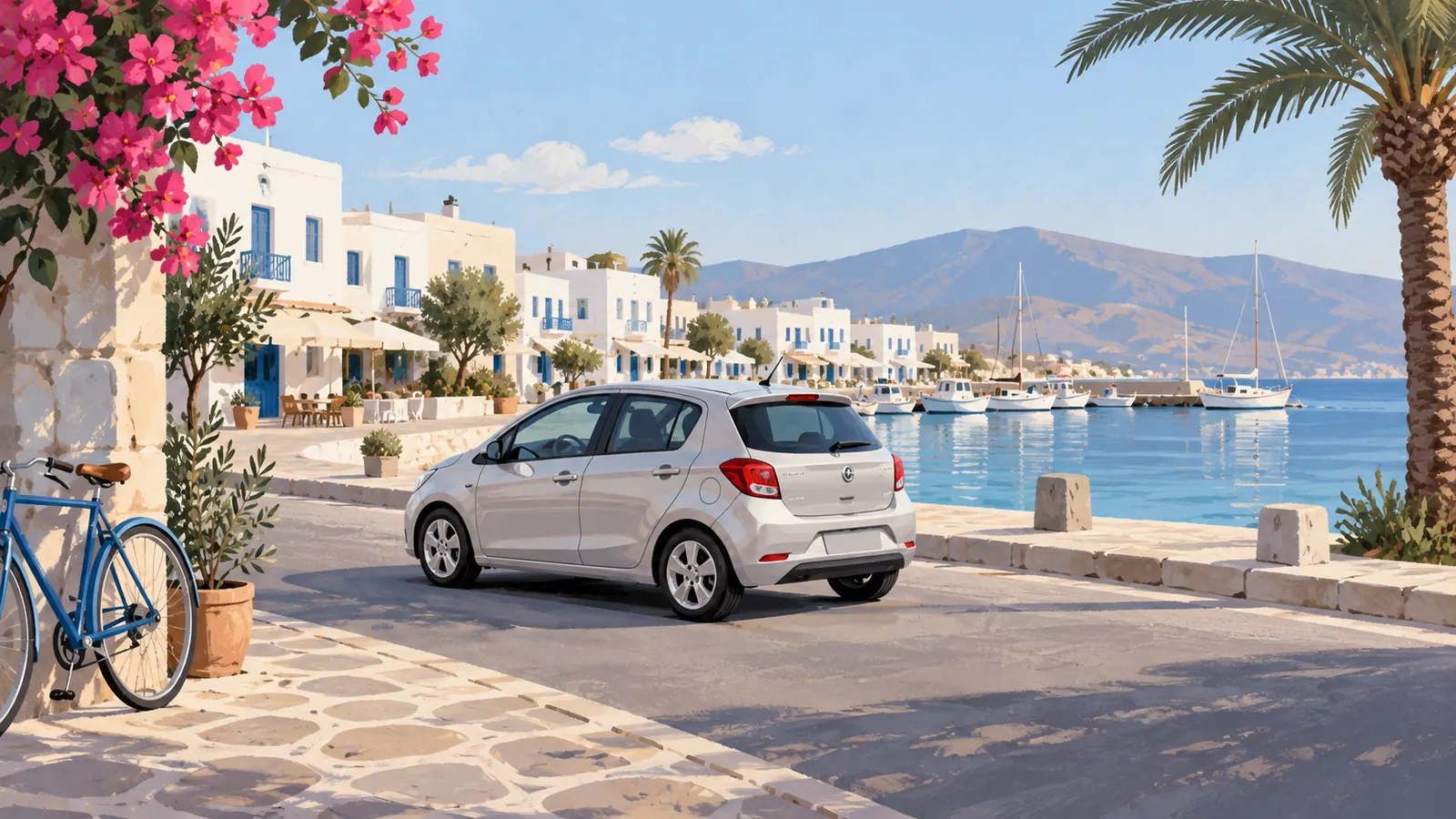 Kos Town car hire illustration: compact car parked beside a Mediterranean waterfront