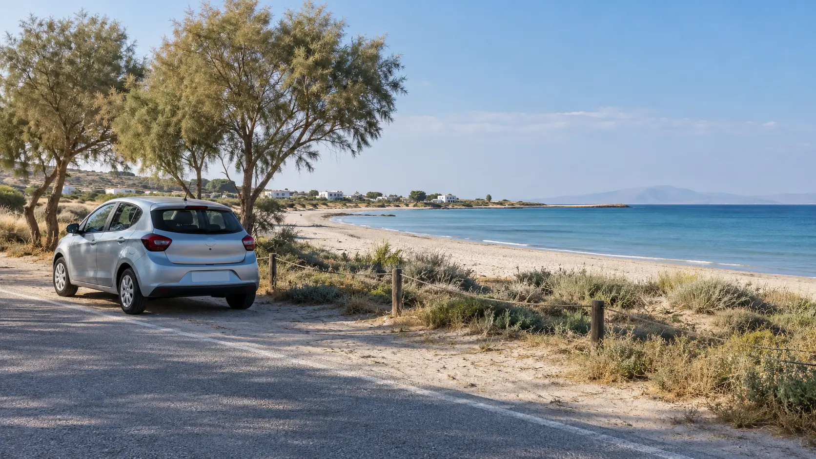 Car hire Marmari illustration: compact car beside a sandy coastal road and beach
