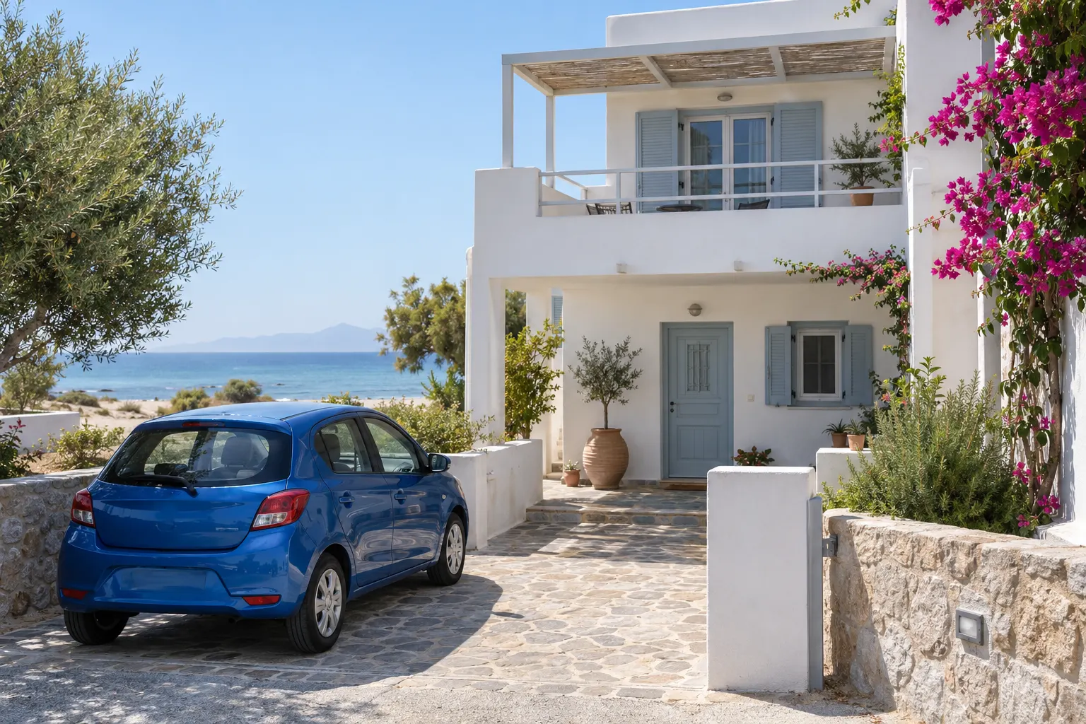 Car hire Mastihari: illustrated blue compact car parked beside whitewashed coastal accommodation