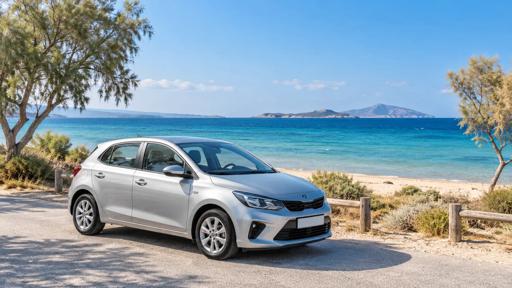 Kos car hire illustration: silver compact car beside a sandy beach and turquoise sea