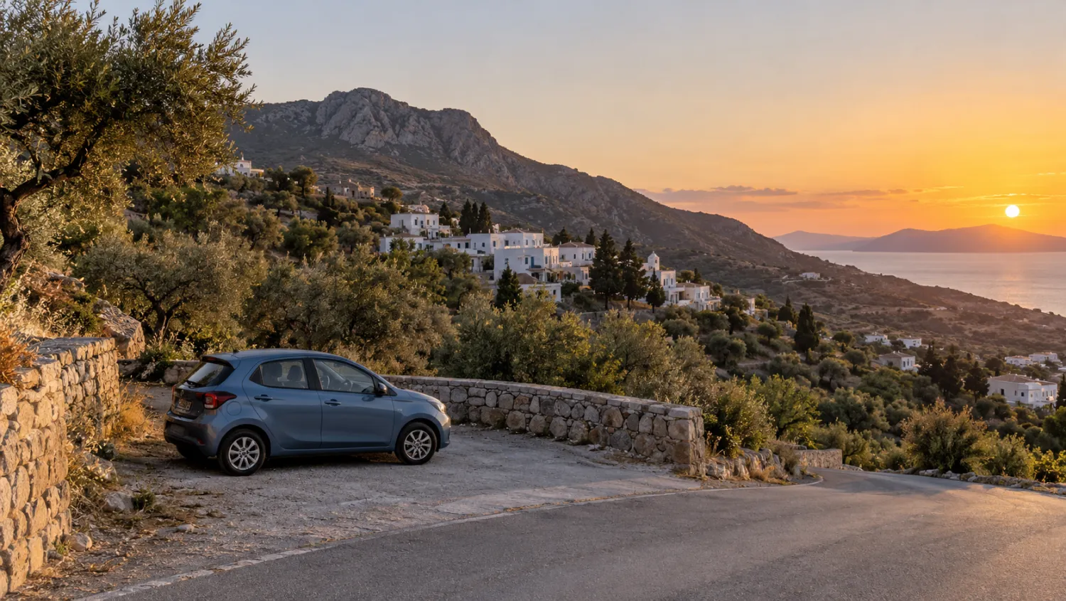 Compact car on a hillside road with village buildings and a sunset sea view